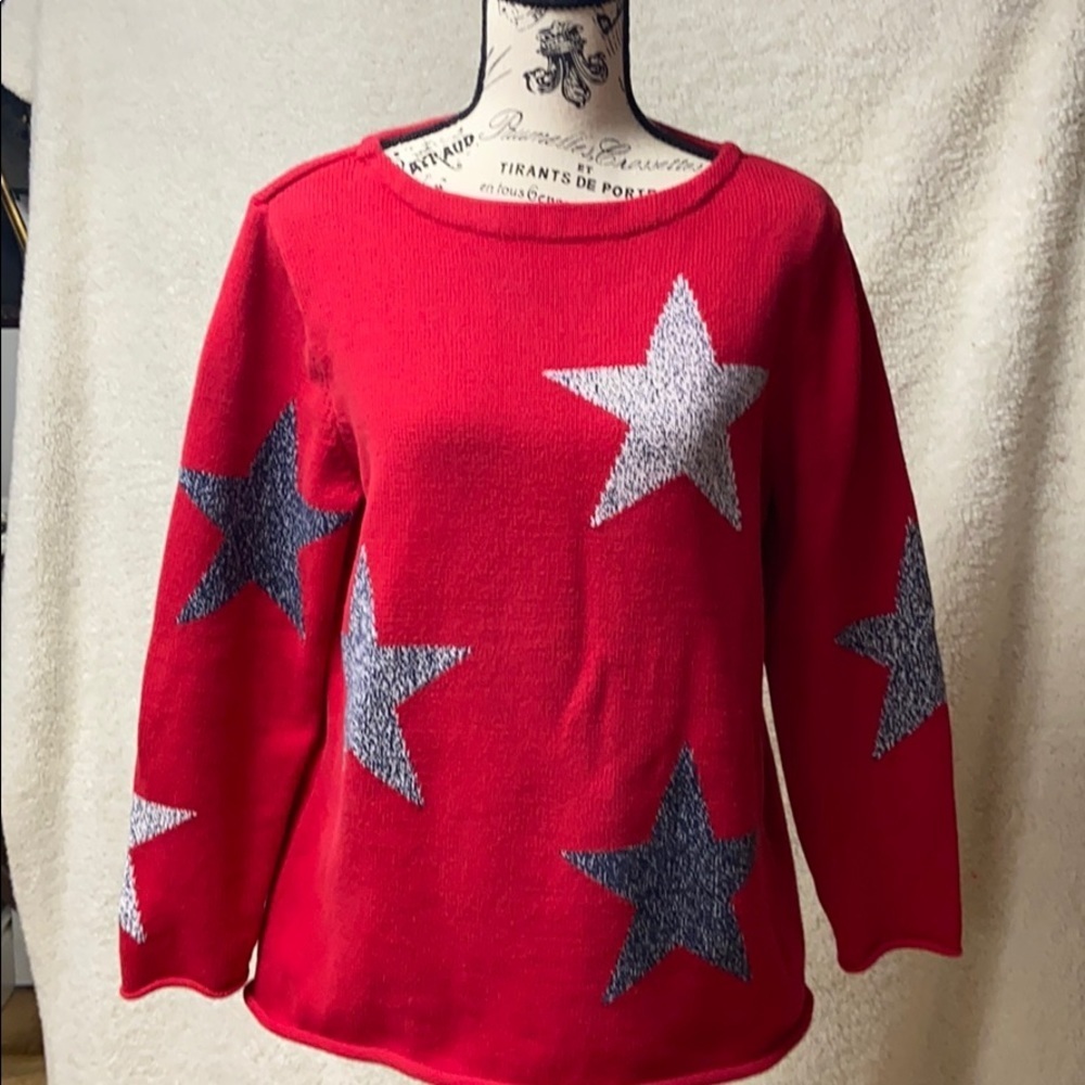 Norton Studio 100% cotton warm red sweater with stars, rolled hem, M